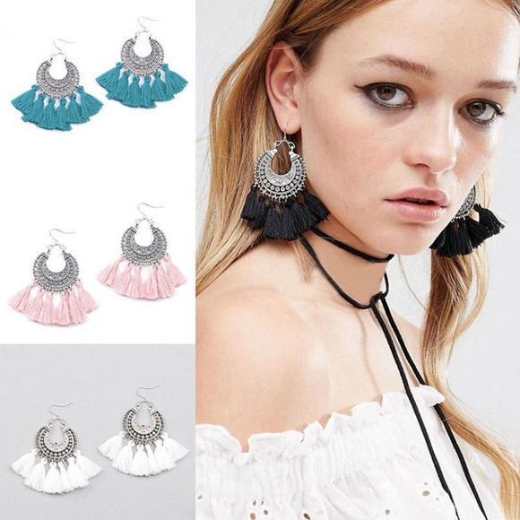 SALE 2/$25 ~ Etched Silver Fringe Earrings WHITE - Picture 3 of 4